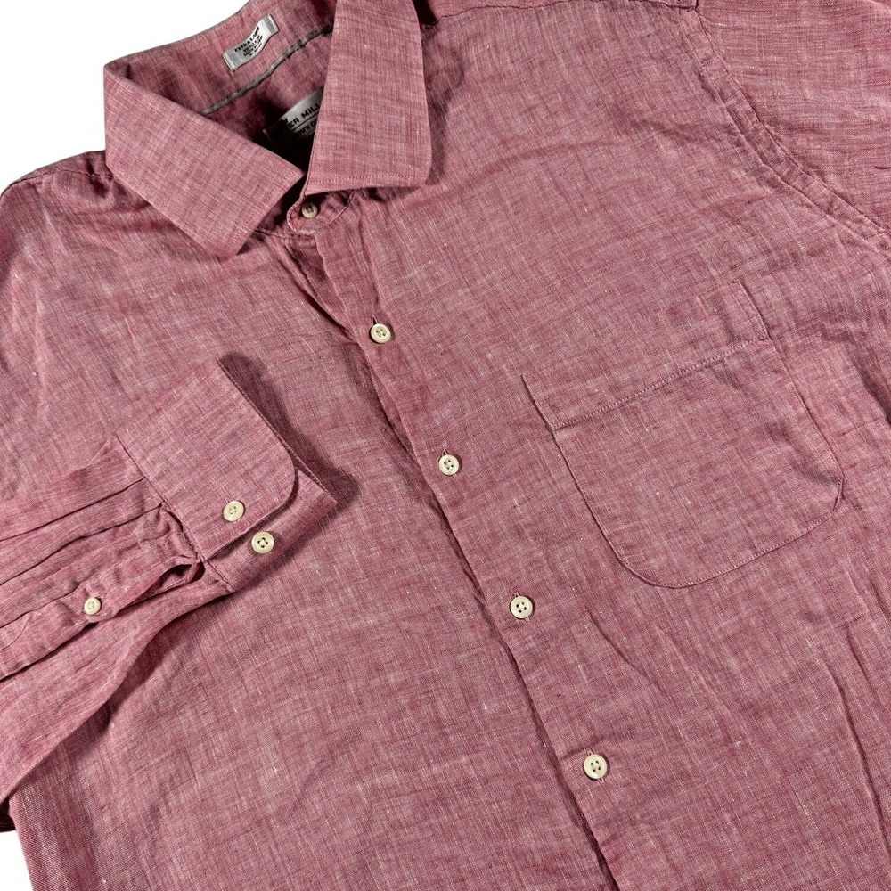 Peter Millar Crown Cool Linen Button‎ Up Shirt Mens XL Coral Pink Long Sleeve